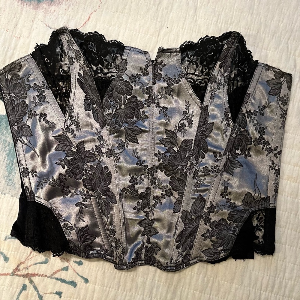 Vintage Silver and black brocade and lace bustier size XL